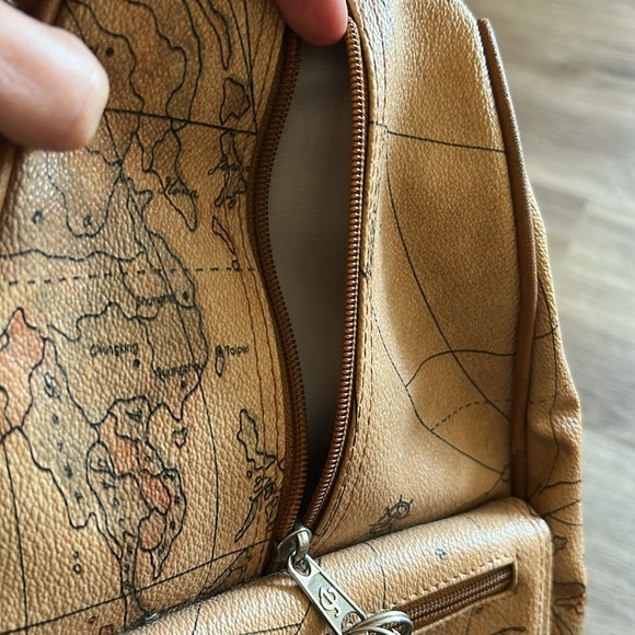 Vintage 90s Antique World Map Backpack Faux Leather 5 Pockets Tan Brown - Picture 9 of 15